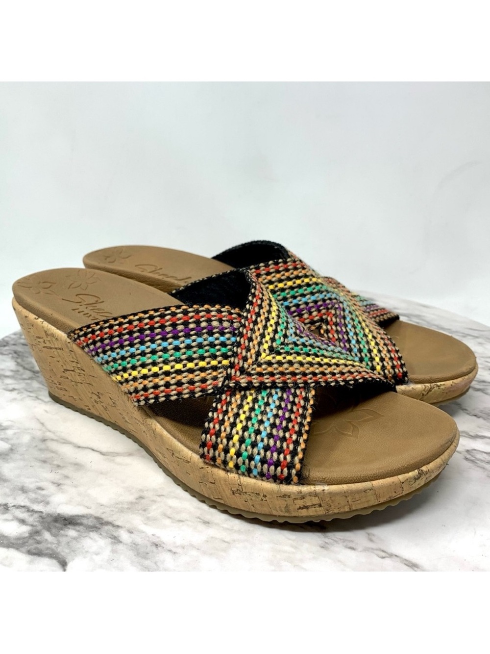 Skechers Cali Beverlee-Delighted Rainbow Platform Wedge Sandals 7 Comfy Classic